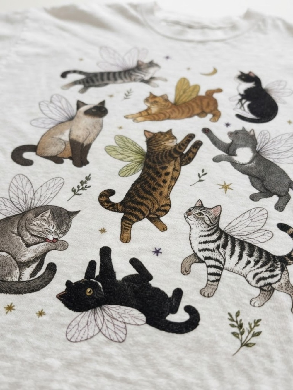 Gildan White Tee with Whimsical Flying Cats Graphic - Picture 2 of 3
